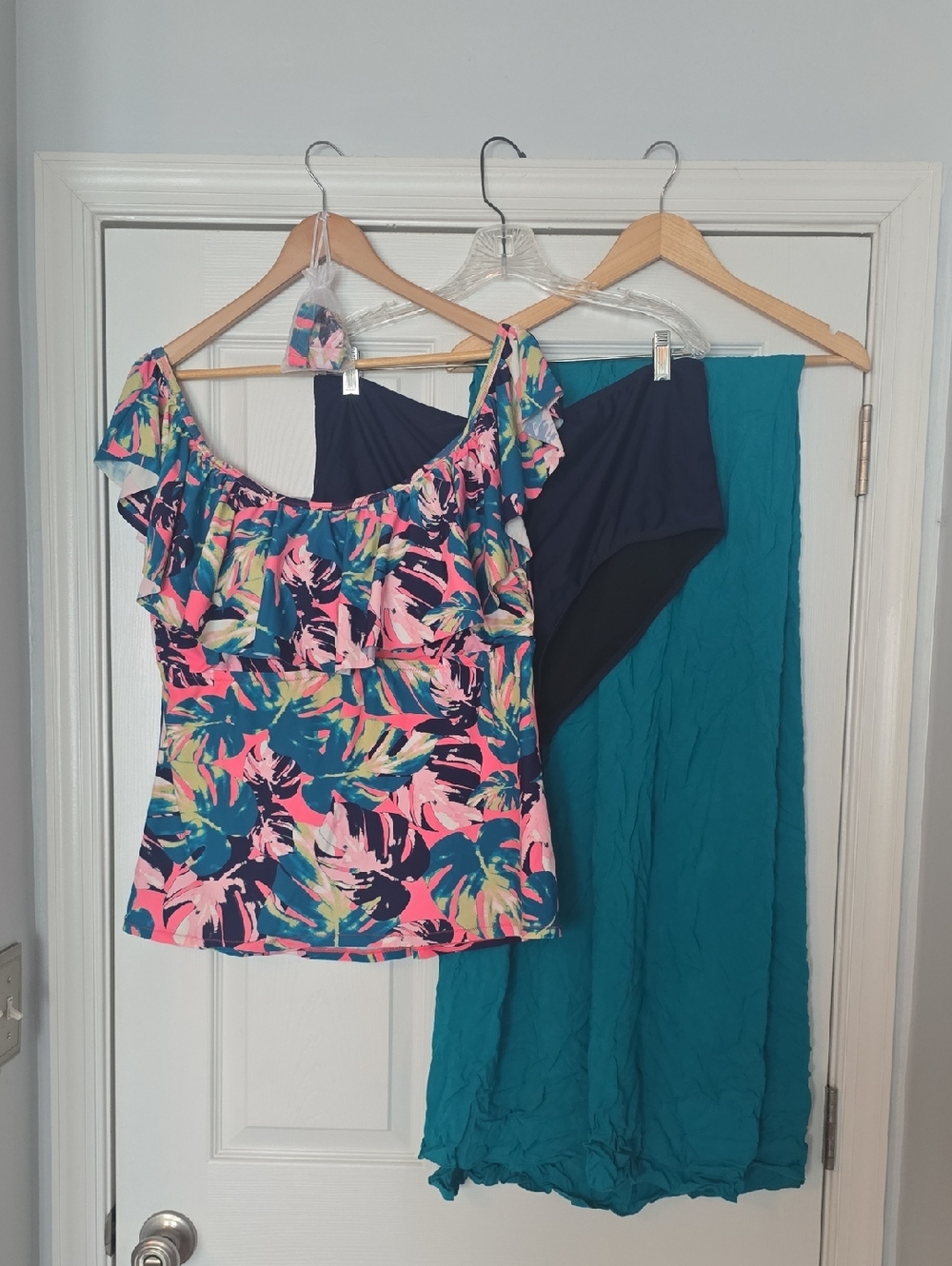 Ruffled Coral & Teal Floral Tankini Set